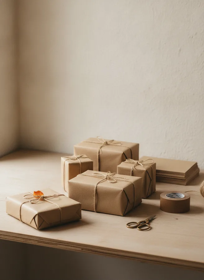 Những kiện hàng giấy kraft buộc dây gai trên bàn đóng gói của người thợ